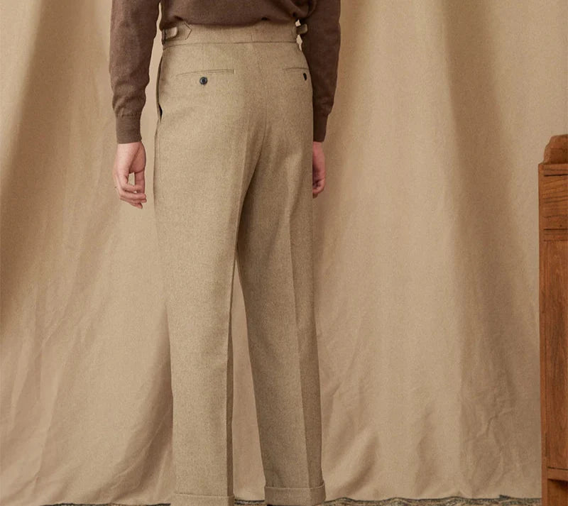 Wool winter Italian trousers showcasing back view in beige hue.