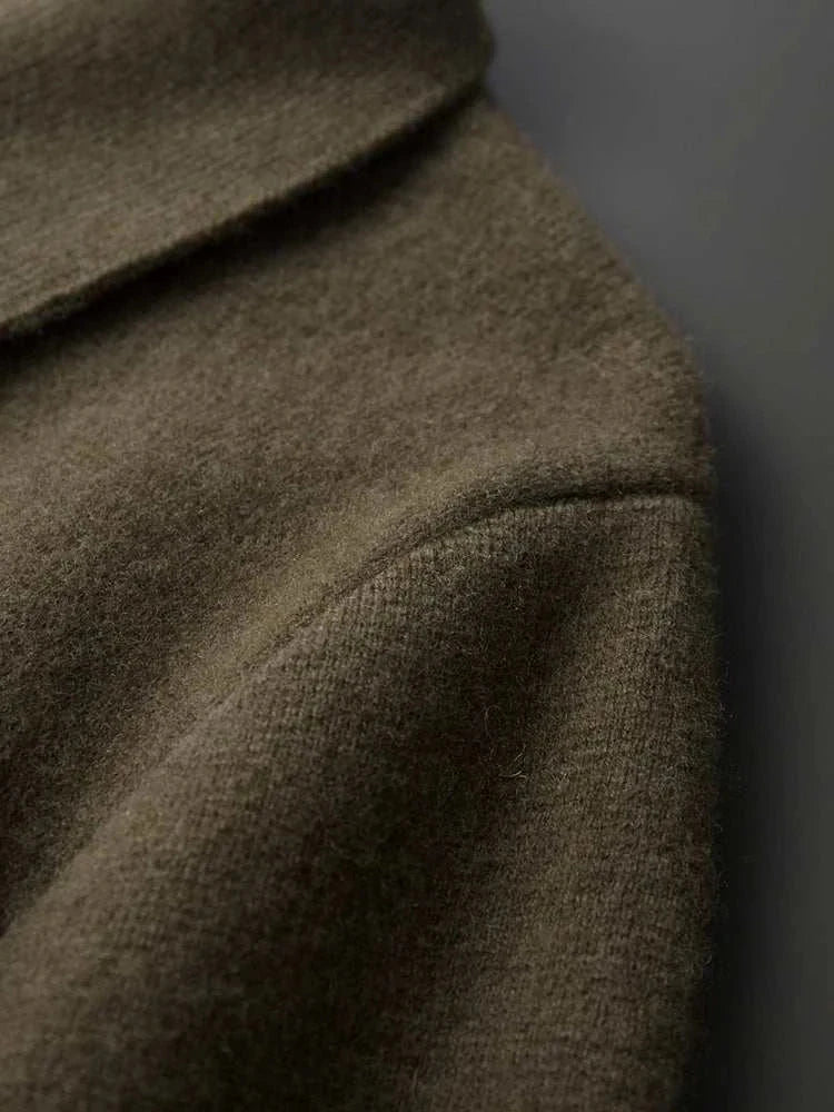 Antonios wool polo collar cardigan in olive green close-up.