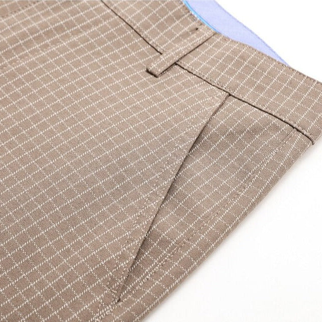 Vinny Plaid Trousers in beige close-up detail.