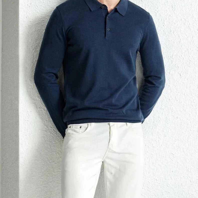 Slim fit wool autumn sweater for men, navy color, cozy and stylish.