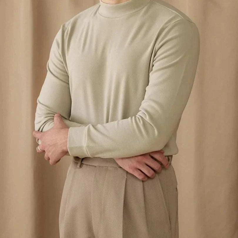 Soft half turtleneck sweater in light beige, polyester material, perfect for men's casual wear.