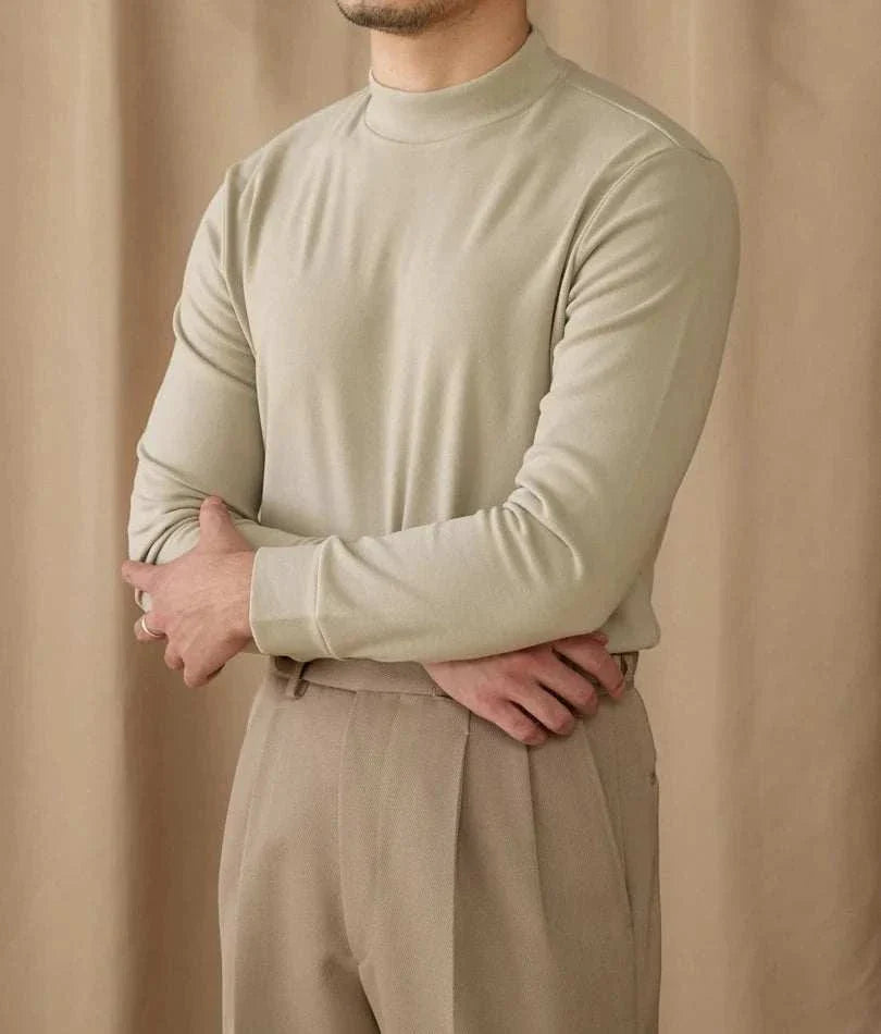 Soft half turtleneck sweater in light beige, polyester material, perfect for men's casual wear.