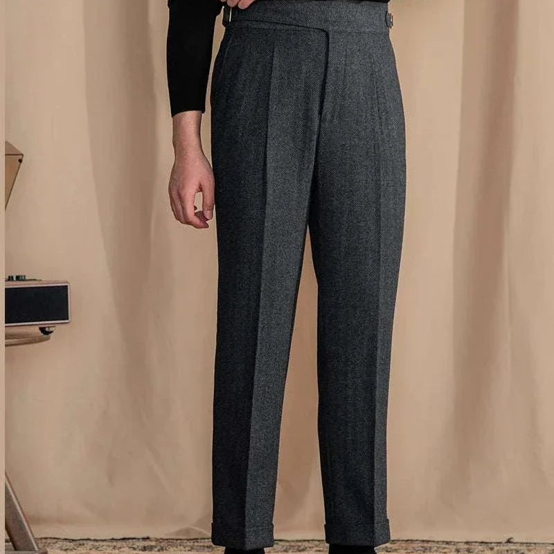 Antonios vintage wool herringbone pants, smart casual style in full-length grey polyester.