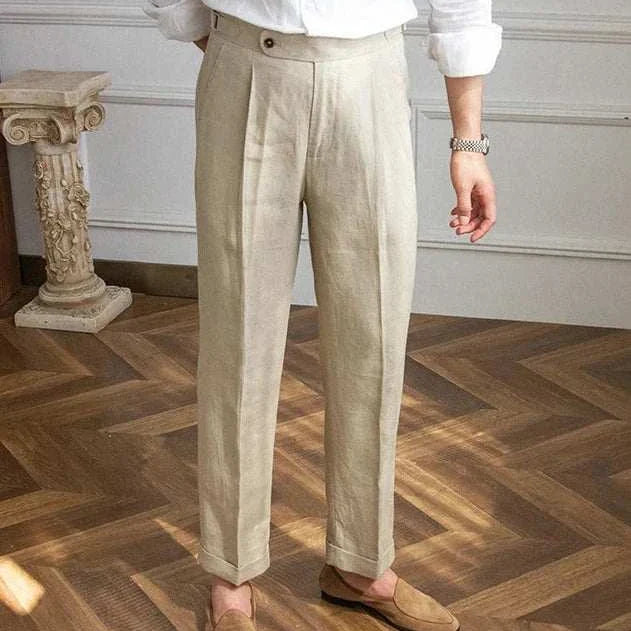 Lightweight Italian high-waist linen trousers for men in solid color, ideal for casual and elegant styles.
