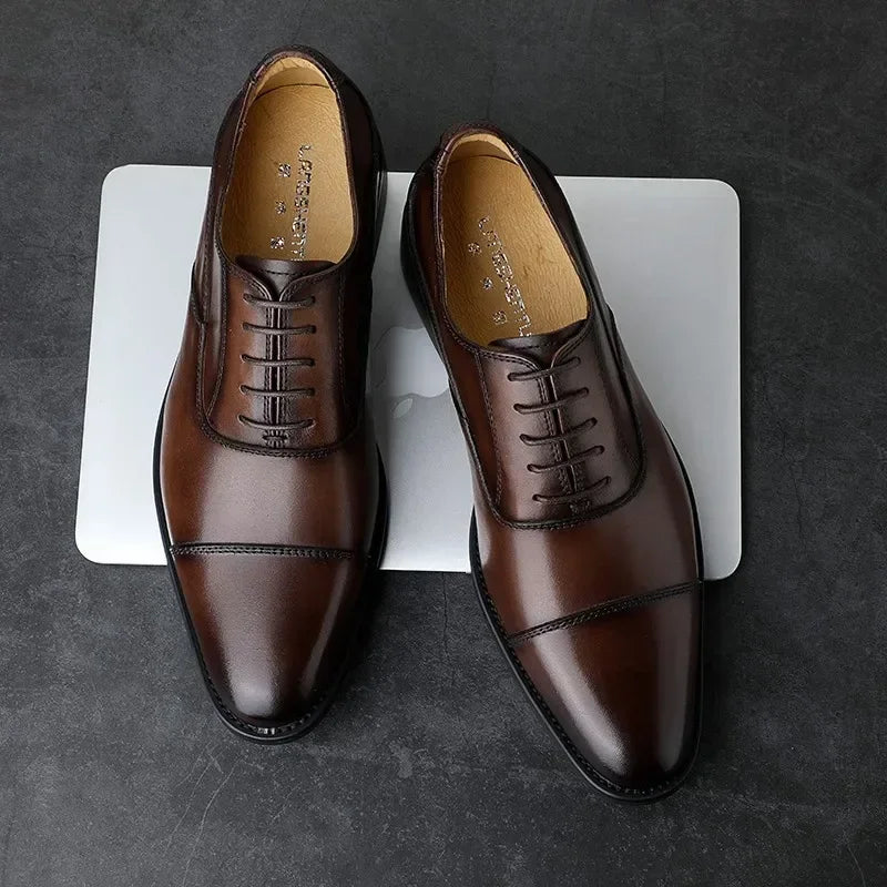 High-quality cowhide oxford wedding shoes for men, crafted from genuine leather, in elegant brown.