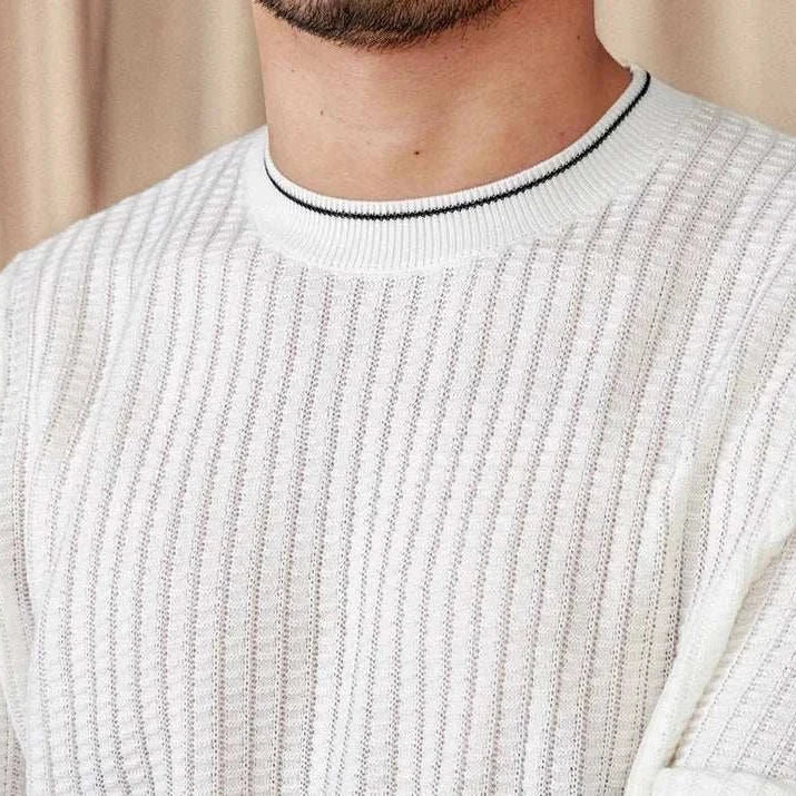 Men's winter wool sweater in white with ribbed texture, offering cozy warmth and stylish comfort.