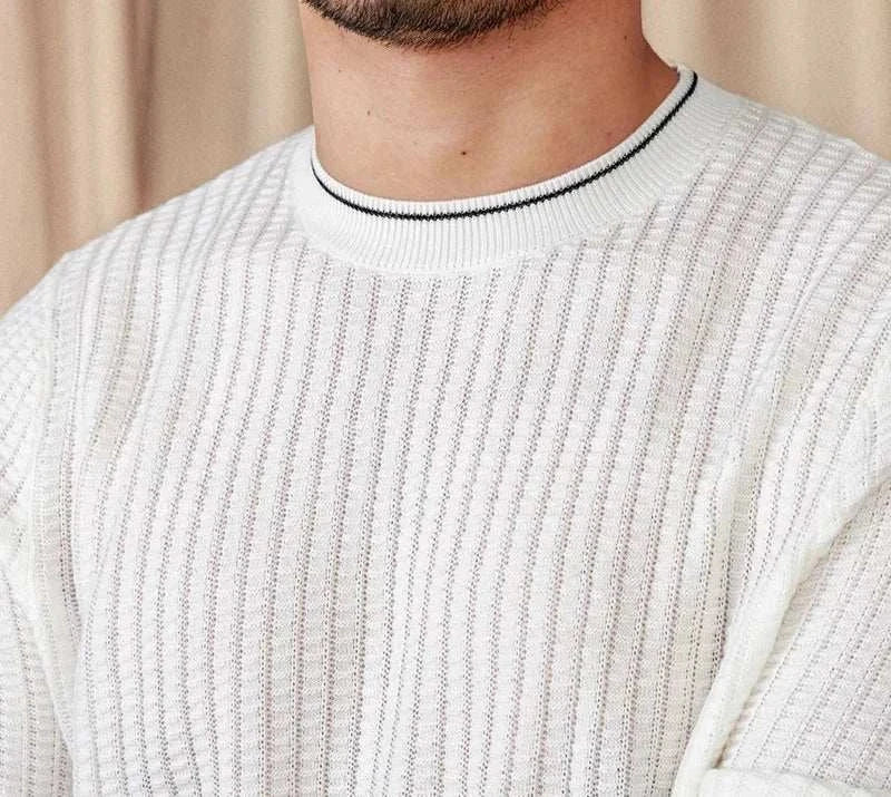 Men's winter wool sweater in white with ribbed texture, offering cozy warmth and stylish comfort.