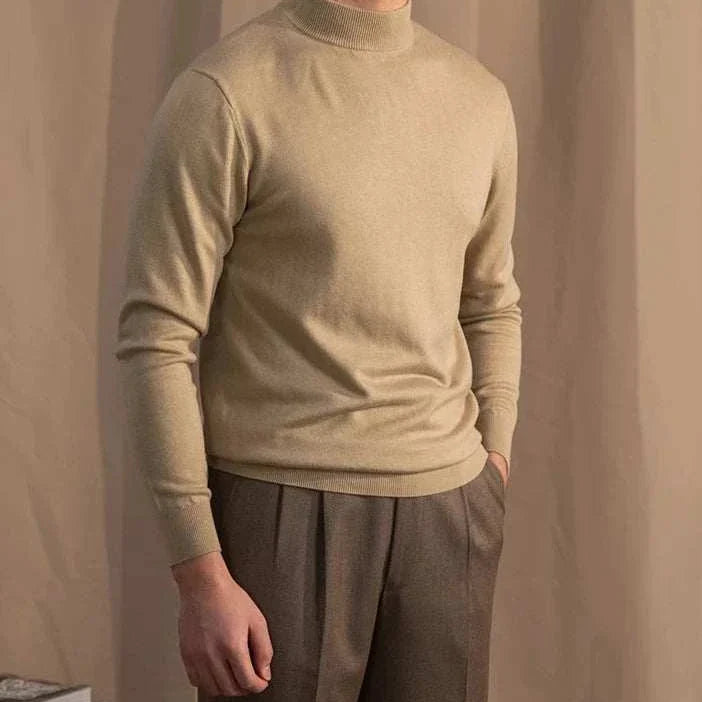 Antonios slim fit half-turtleneck sweater for men, cozy wool blend, beige.