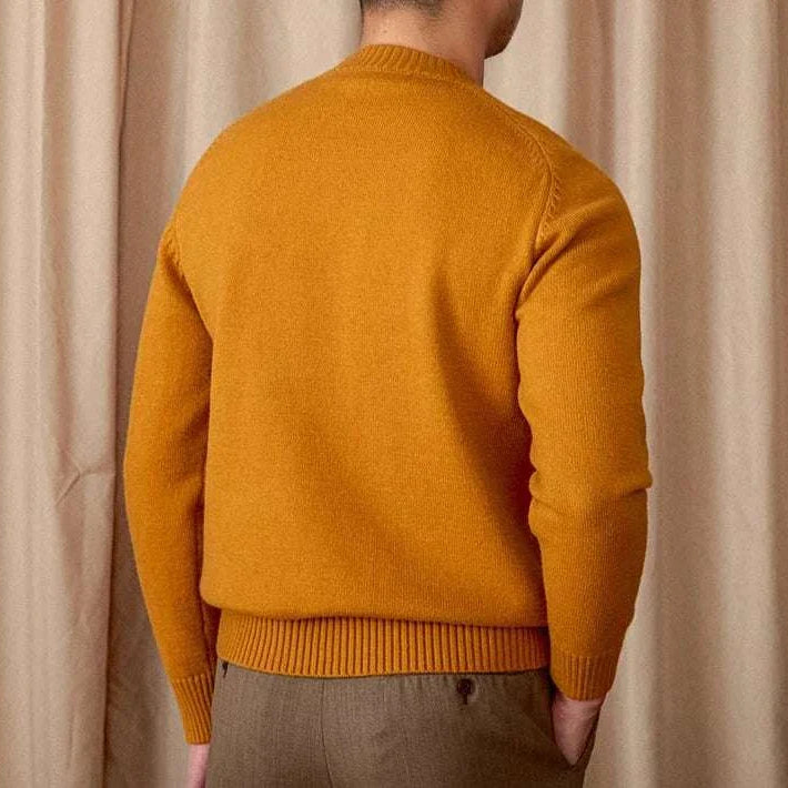 Japanese casual winter sweater in mustard yellow, cotton-wool blend, men's fashion.