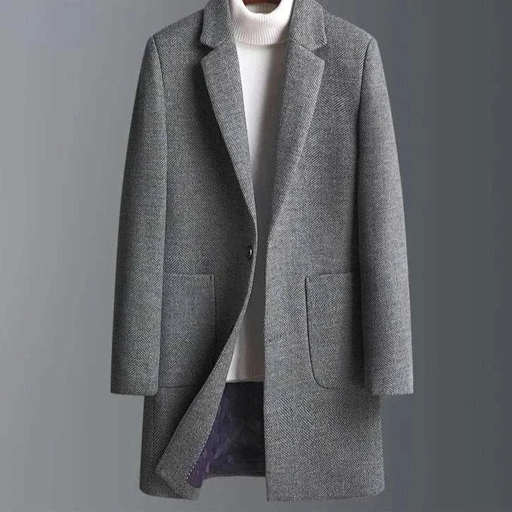 Business casual Korean coat in grey, perfect for autumn/winter, made with polyester and wool.