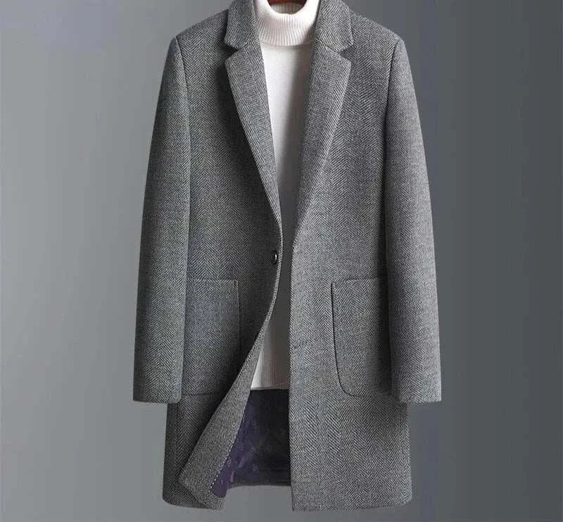 Business casual Korean coat in grey, perfect for autumn/winter, made with polyester and wool.