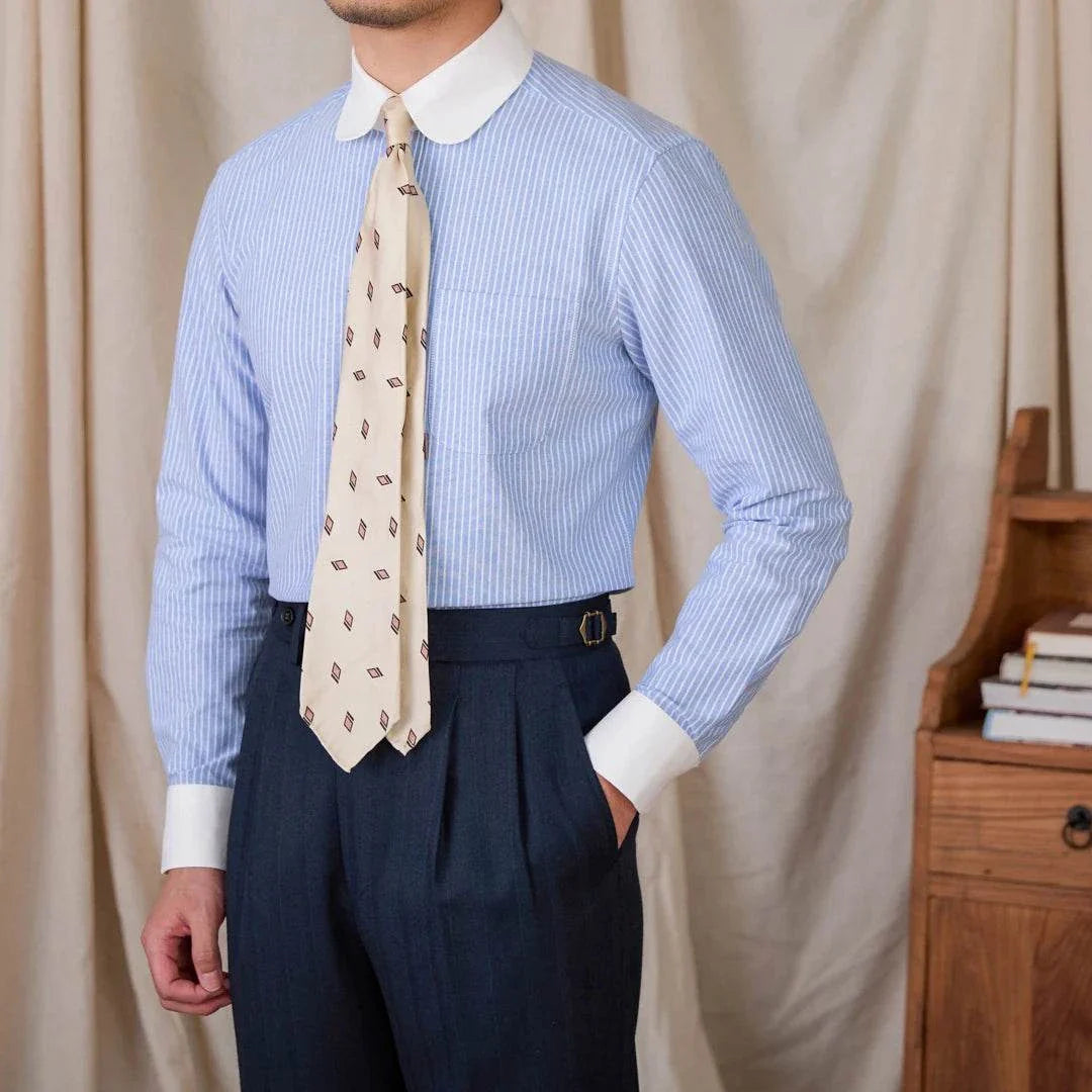 Men's blue and white striped cotton business shirt by Antonios, featuring a professional fit and comfortable design.