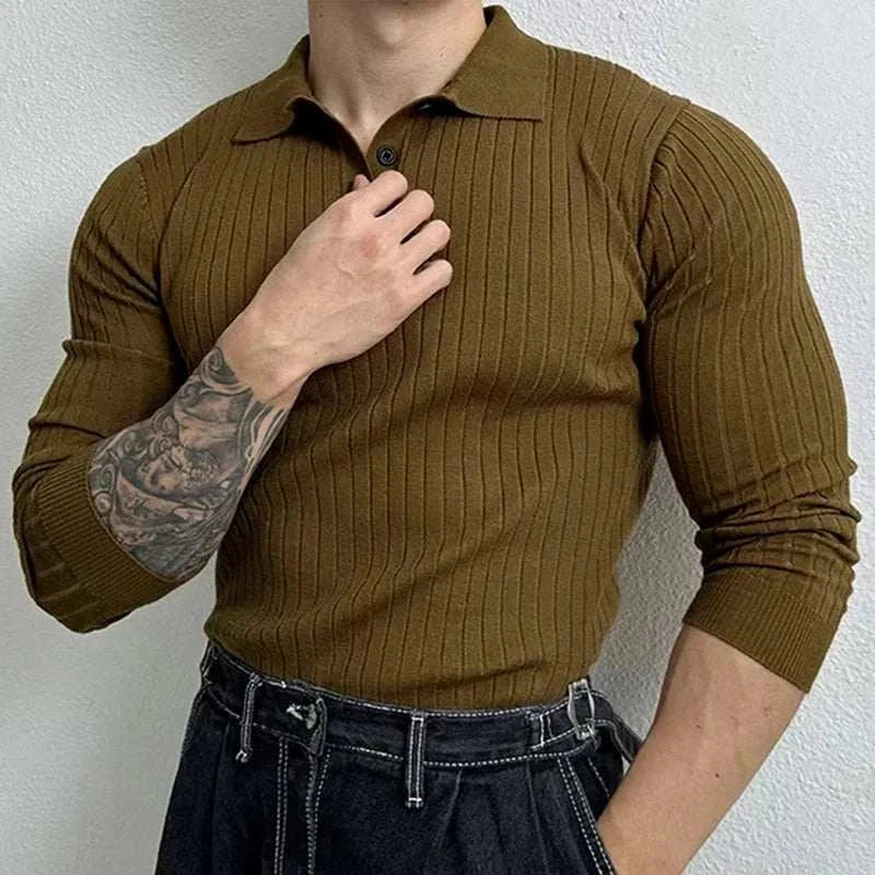 Muscle fit sweater for men in soft cotton with ribbed design, cozy wear for all seasons.