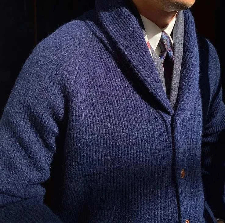 Oxford premium cardigan in navy color, elegant casual men's wear, polyester material, perfect for autumn.