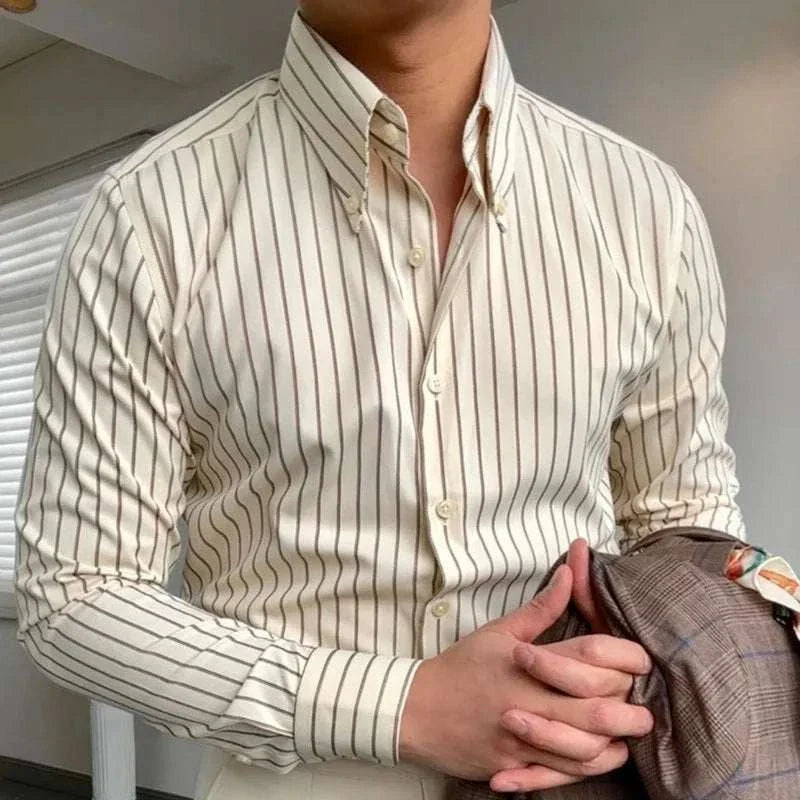 Antonios British tuxedo striped shirt in high-quality polyester, styled for elegance and comfort.