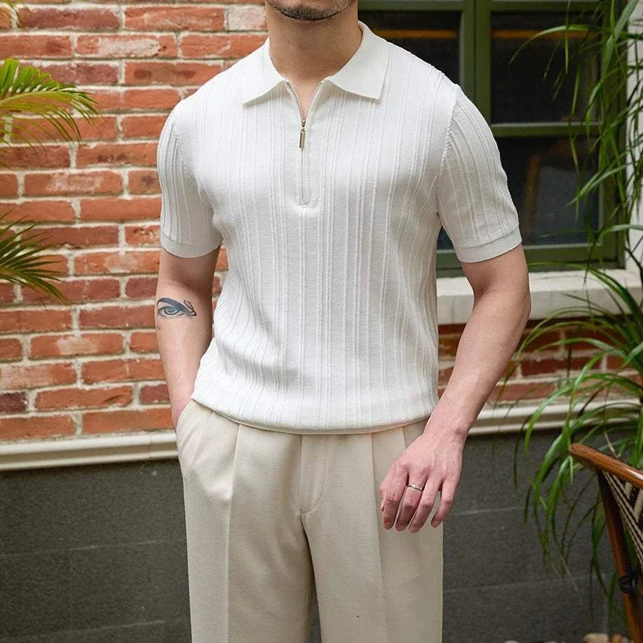Spring zipper t-shirt men in white, stylish and breathable for spring/summer.