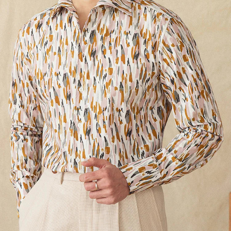 Printed collar long-sleeved casual shirt for men, featuring a stylish pattern and made from breathable cotton.