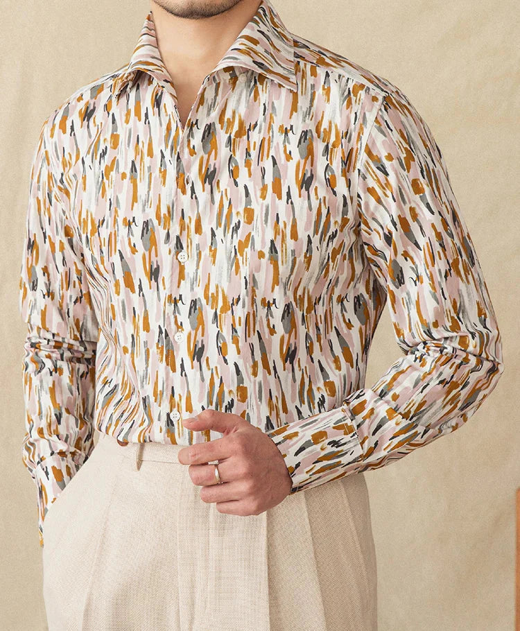 Printed collar long-sleeved casual shirt for men, featuring a stylish pattern and made from breathable cotton.