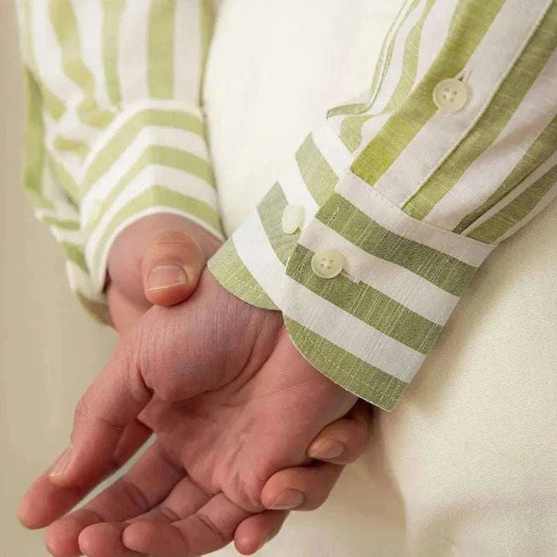 Business striped white summer shirt with elegant green and white pattern, cotton-polyester blend for comfort and style.
