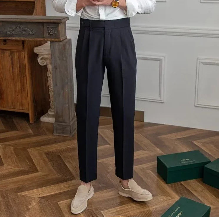 Antonios draped suit pants in elegant, Korean-inspired style, black full-length design.