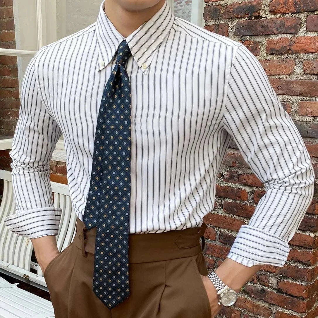 Antonios British retro striped shirt with classic collar displayed with tie and dress pants.