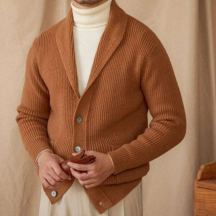 Men's autumn old money cardigan made of wool in a warm, stylish brown shade.
