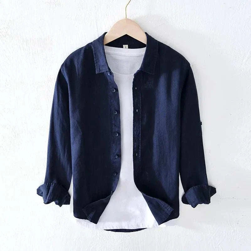 Italian pure linen long-sleeve shirt in navy, ideal for spring/summer, casual elegant style.