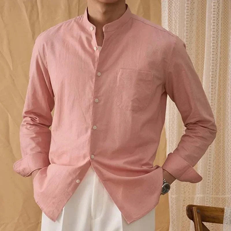 Antonios cotton-linen long sleeve shirt in pink for men.