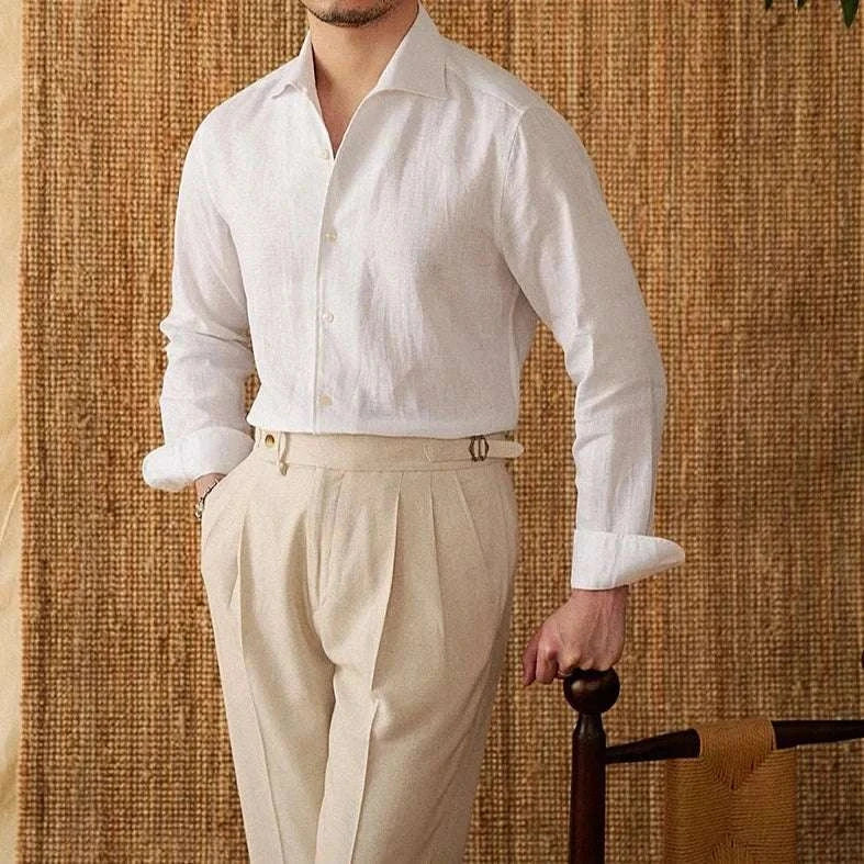 Men's white long sleeve linen shirt, perfect for spring or summer elegance.