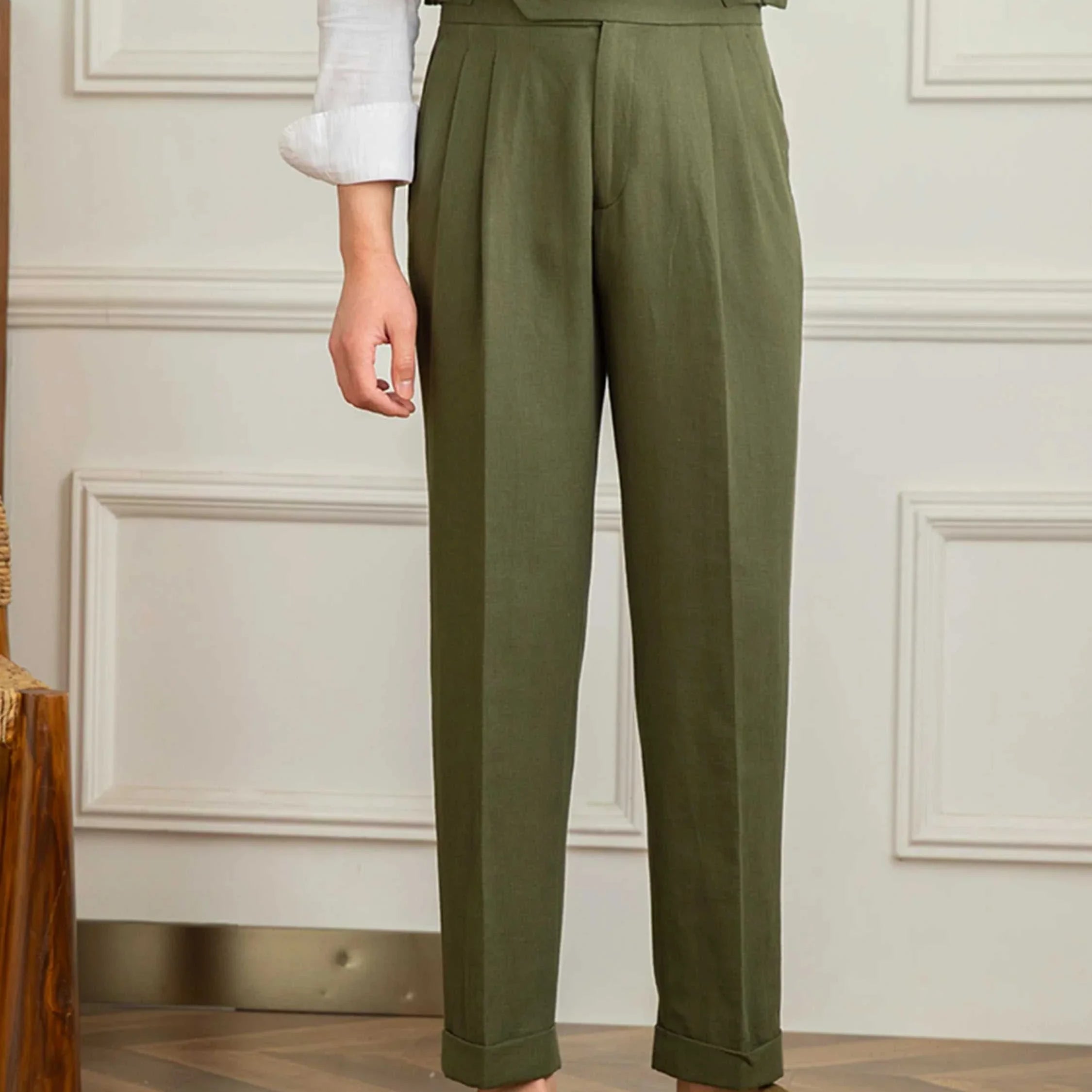 Antonios Naples cotton-linen pants in olive, full-length, smart casual style.