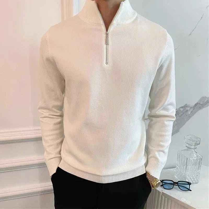 Men's stand collar zipper sweater in white, featuring a cozy wool and polyester blend.