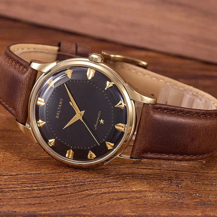 Luxury waterproof watch with brown leather band, gold round stainless steel case, and black dial, perfect for style and durability.