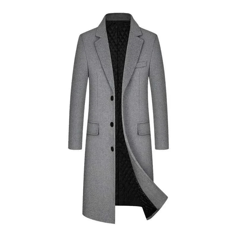 Wool elegant long coat for men in gray, suitable for autumn and winter.