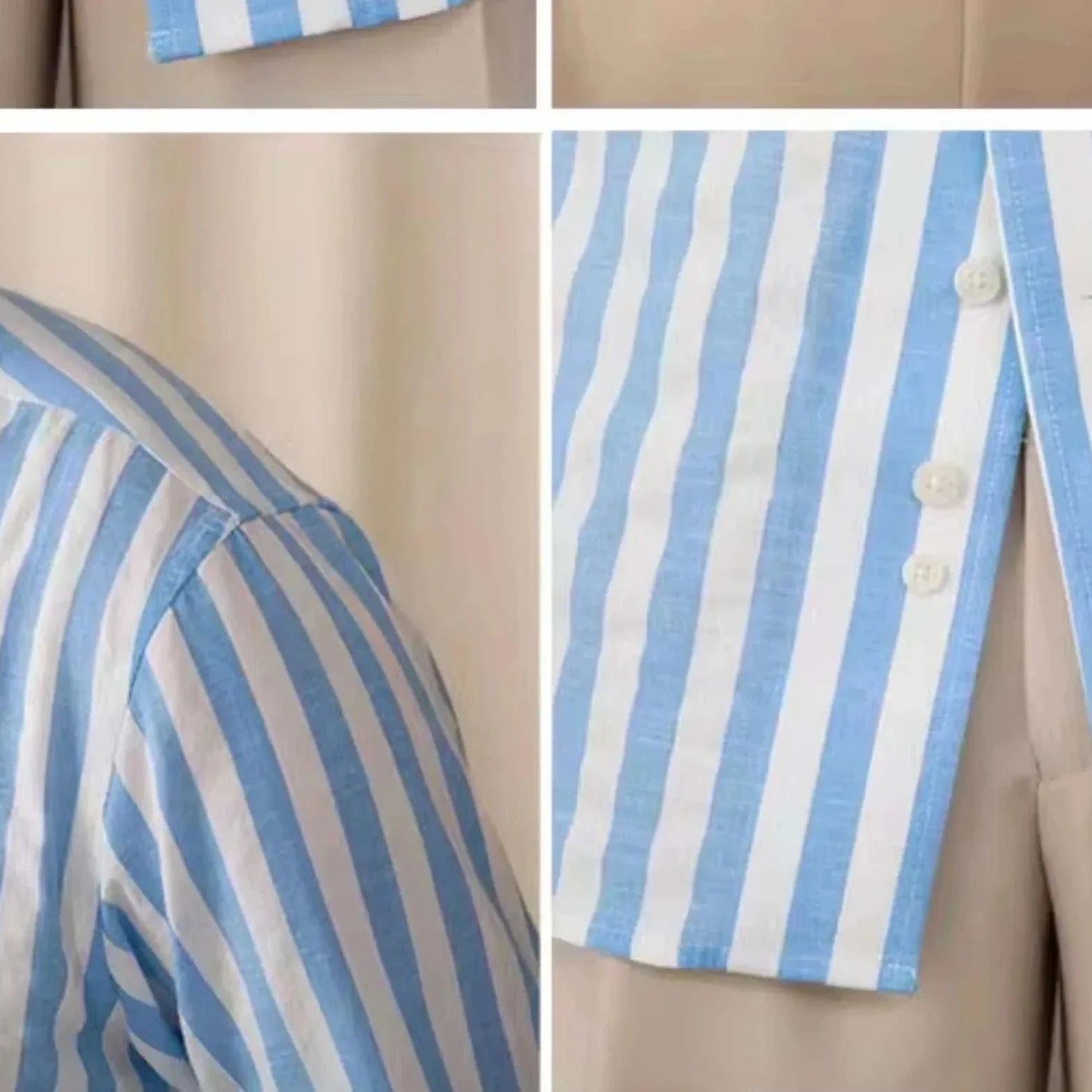 Business striped white summer shirt featuring blue and white stripes with button details.