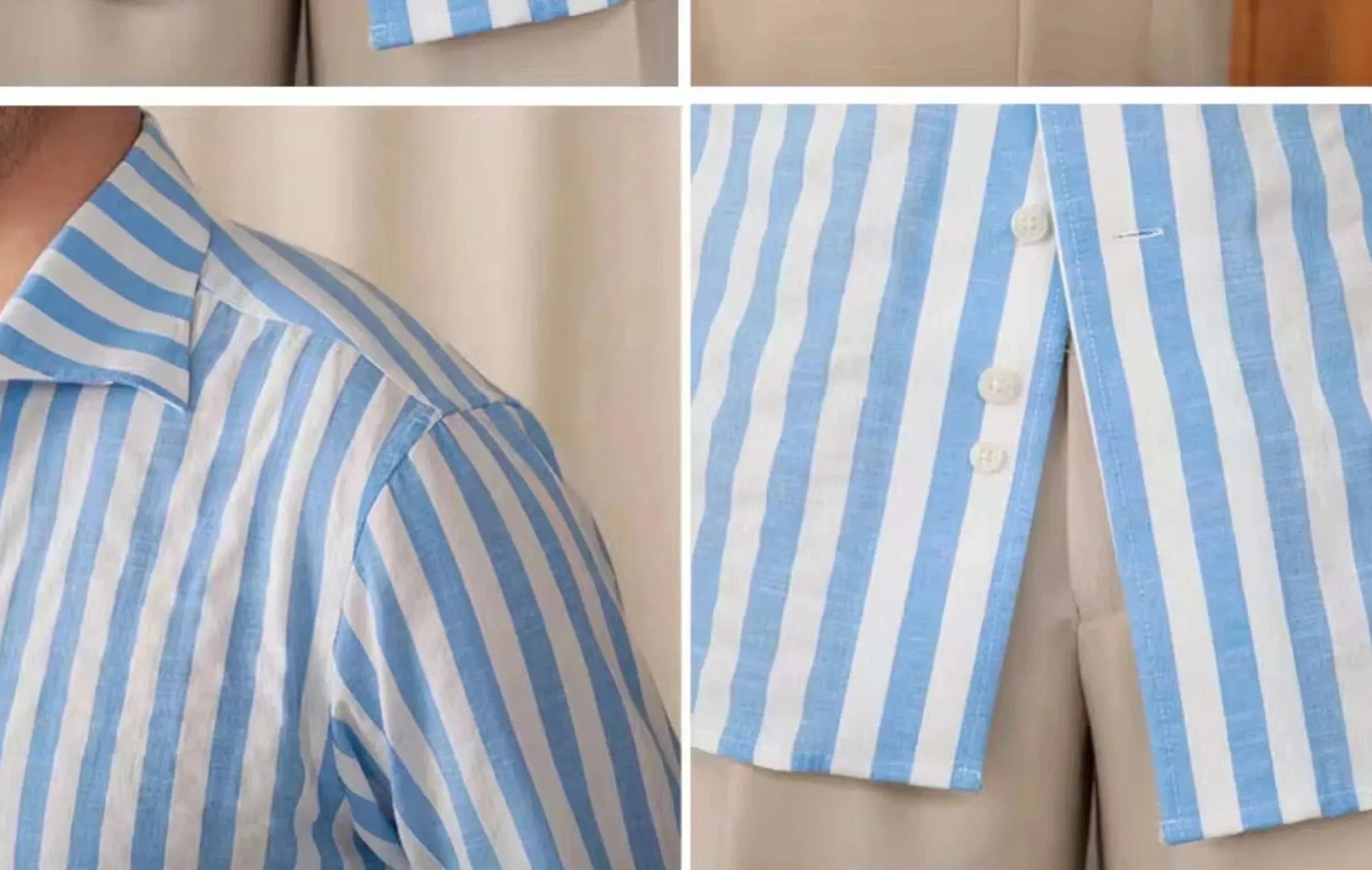 Business striped white summer shirt featuring blue and white stripes with button details.