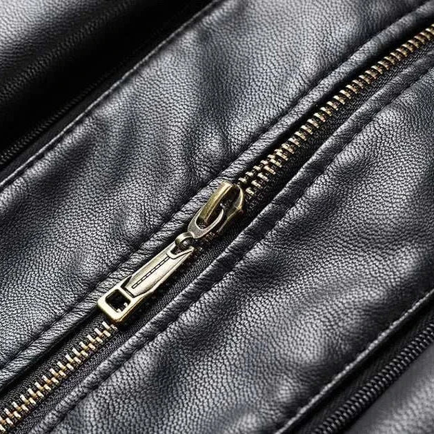 Close-up of black PU leather long coat with zipper detail.