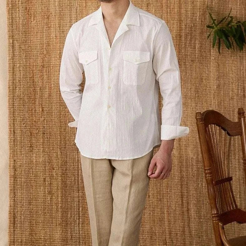Men's Cuban collar relaxed fit elegant shirt in solid white cotton, perfect for spring/summer occasions.