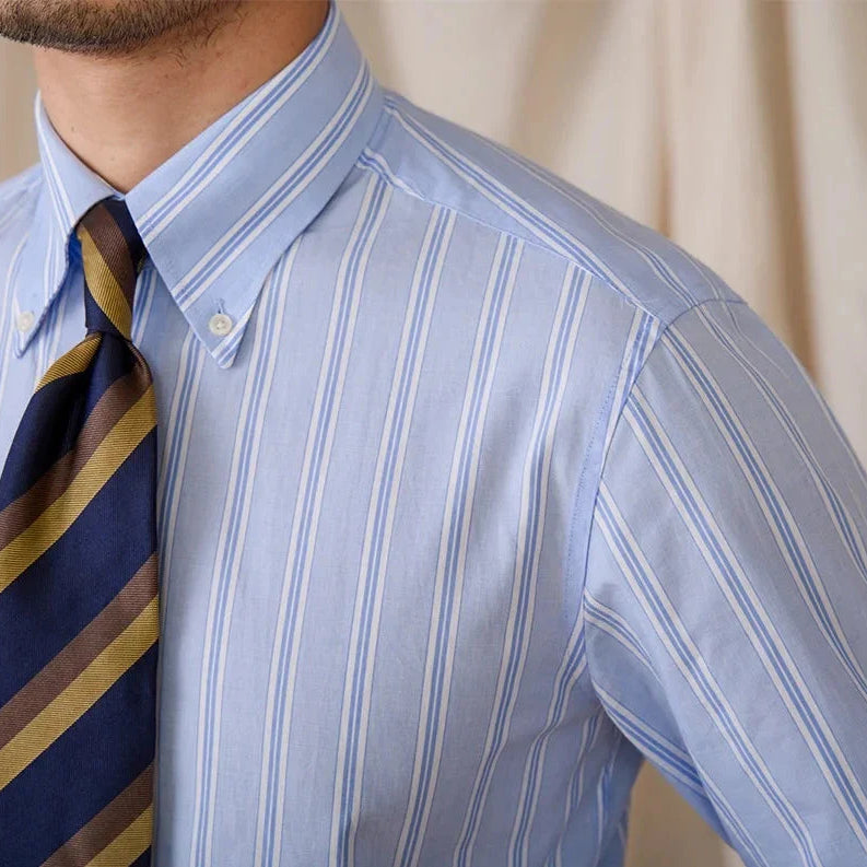 Business stripe all long sleeve shirt for men, stylish and comfortable in blue with white stripes.