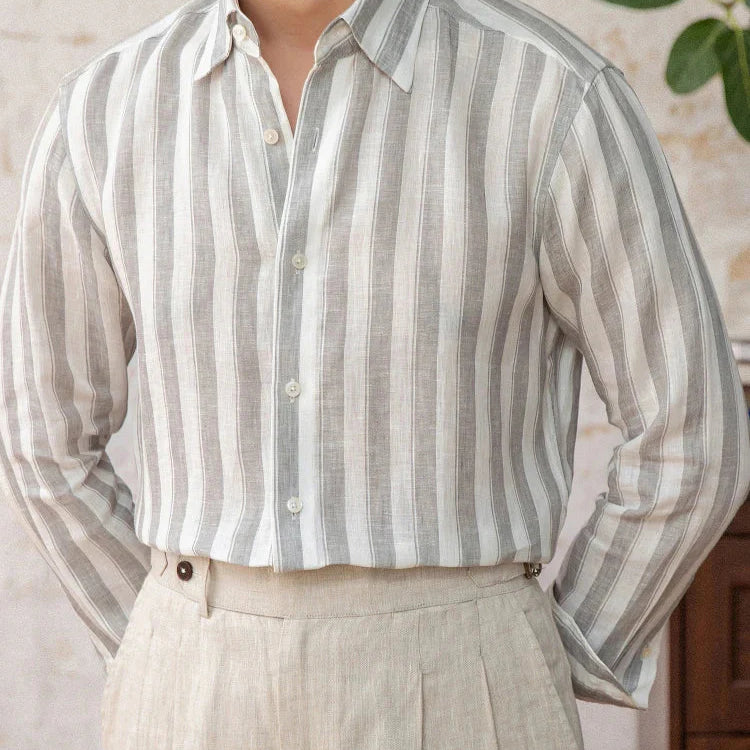 Summer thin linen strip casual shirt for men, relaxed fit.
