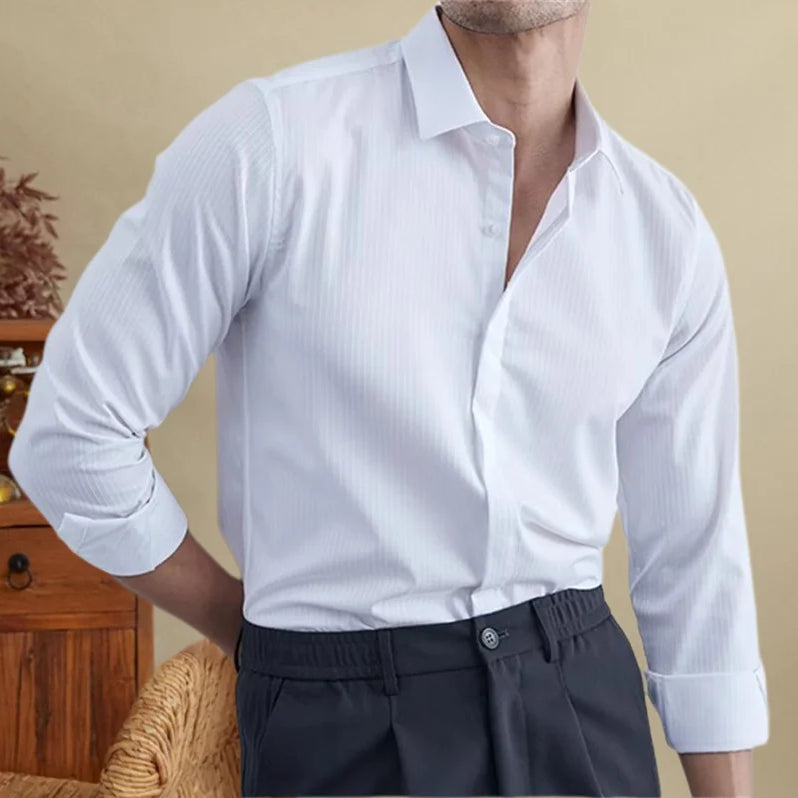 Antonios British striped tuxedo shirt for office wear, men's stylish and comfortable attire.