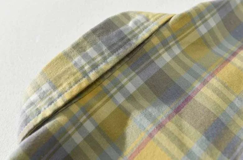 RETRO cotton summer plaid shirt in yellow and gray tones for men.