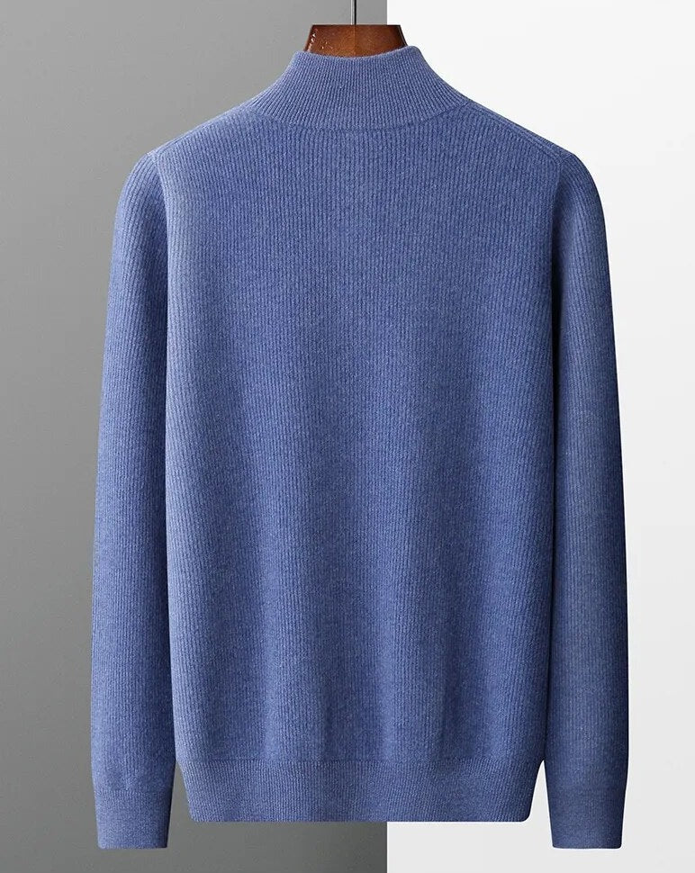 Men's pure wool cardigan, blue, solid pattern, casual style.