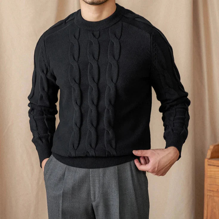 Round neck vintage sweater in black worn by a model.