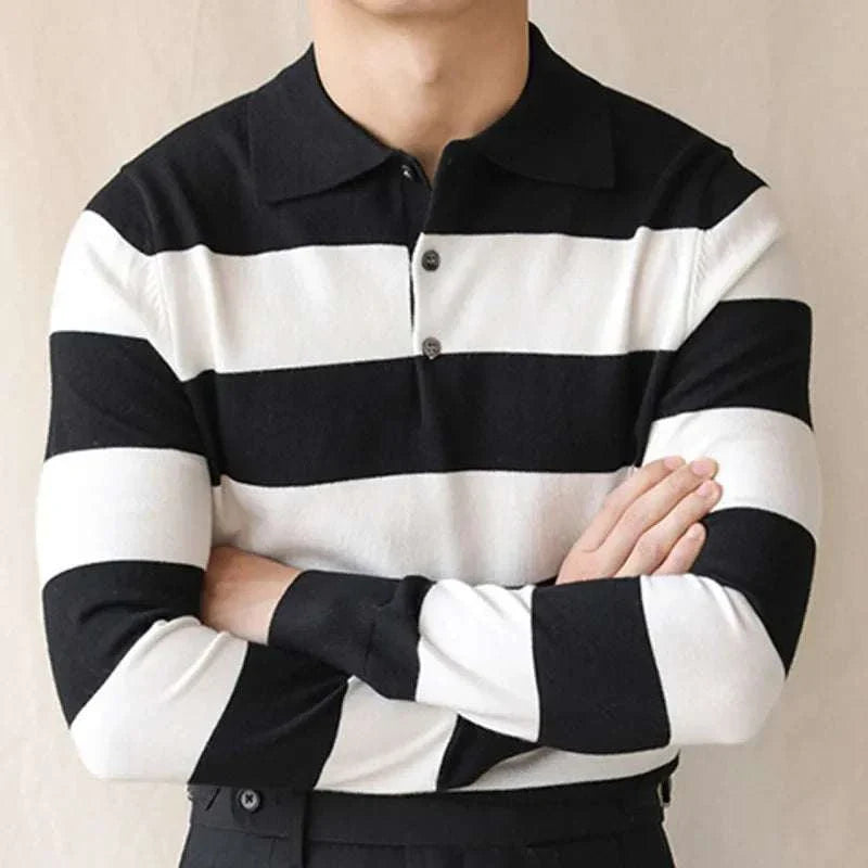 Oxford striped sweater in black and white with a button-up collar.