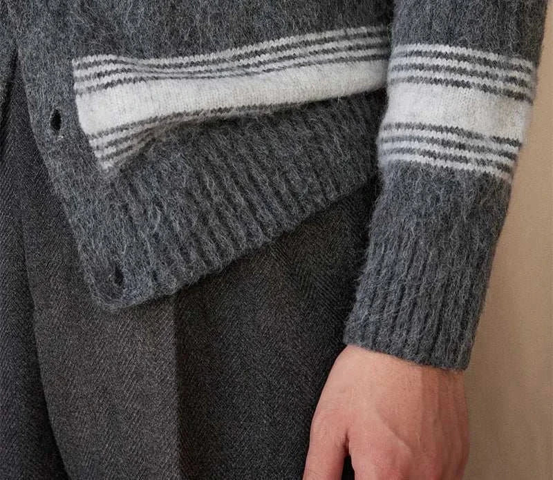Antonios striped wool v-neck cardigan close-up showing texture and design.