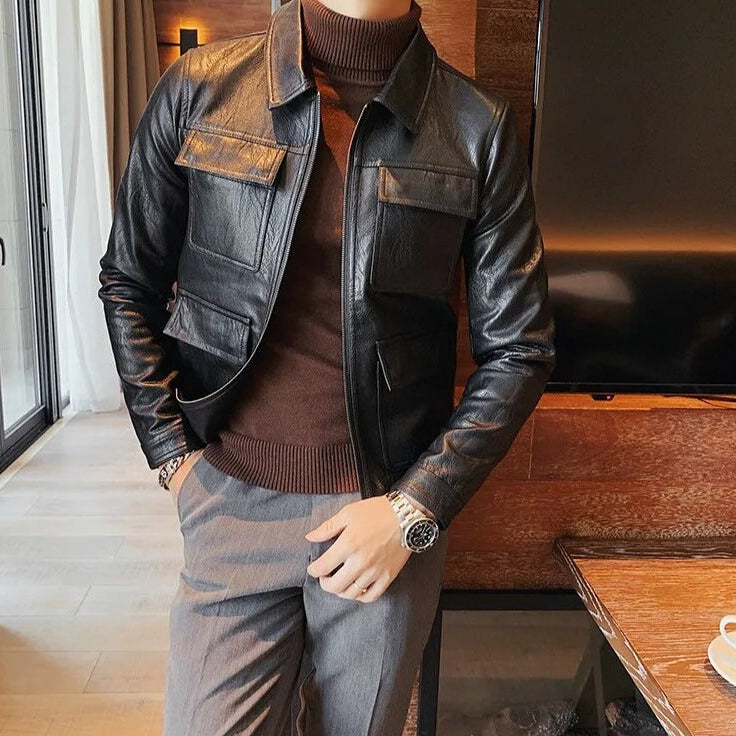 Men's ECO leather jacket in black, casual elegant style, made with eco-friendly materials.