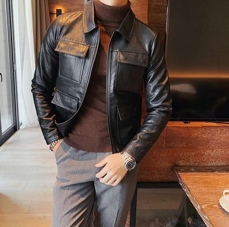 Men's ECO leather jacket in black, casual elegant style, made with eco-friendly materials.