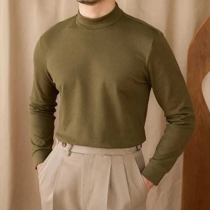 Soft half turtleneck sweater in olive green for men, cozy and durable polyester.