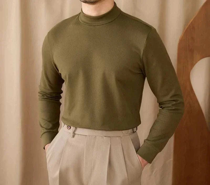 Soft half turtleneck sweater in olive green for men, cozy and durable polyester.