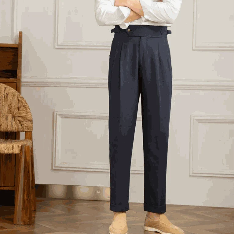 Antonios Naples cotton-linen pants in smart casual style on a model.